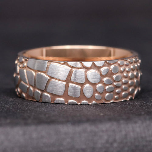 Men's 8mm two-tone rose gold and silver Damascus steel band with an etched scale pattern