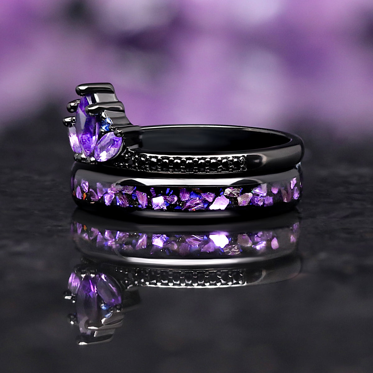 Natural Amethyst Lotus Engagement Ring Set, Unique Fantasy Wedding Ring | Matching Purple Ring for Couple, Black Crab Nebula Stacking Band