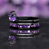 Natural Amethyst Lotus Engagement Ring Set, Unique Fantasy Wedding Ring | Matching Purple Ring for Couple, Black Crab Nebula Stacking Band