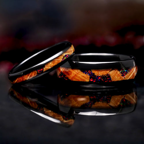 Black fire opal and whiskey barrel couples ring set in black tungsten