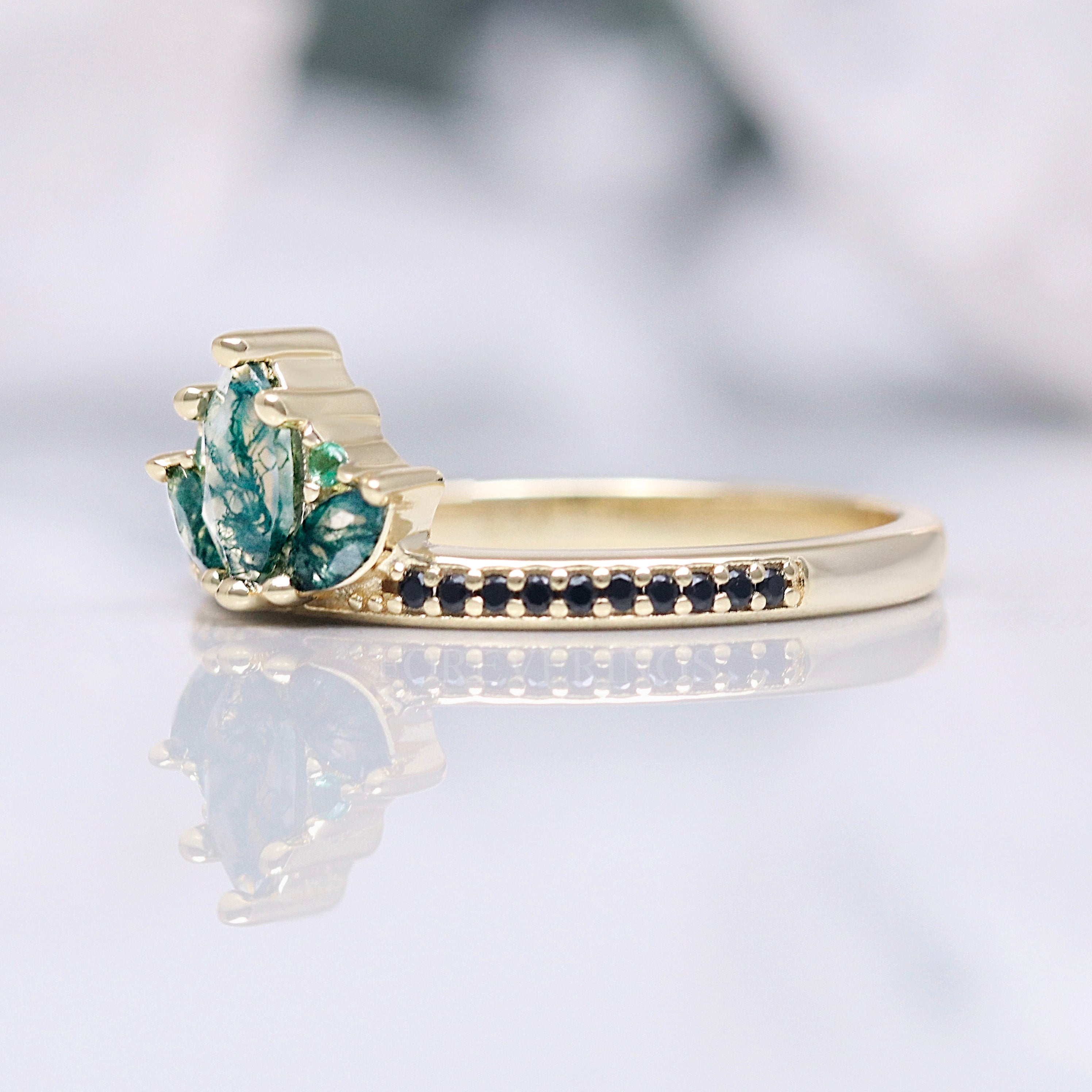 Gold Moss Agate Lotus Crown Ring, Stacking Engagement Ring for Women, Marquise Nature-Inspired Wedding Ring, Fantasy Promise Ring