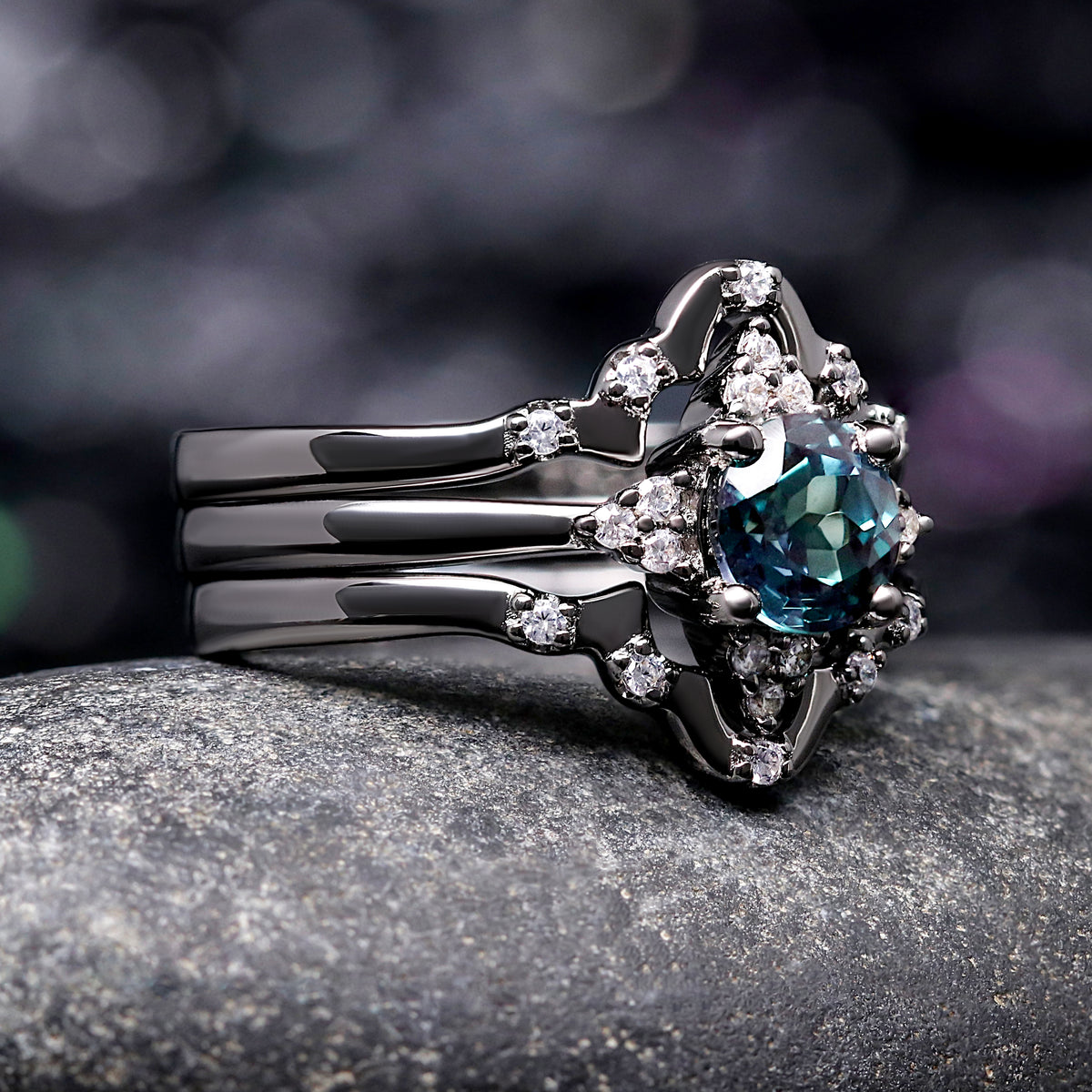 Veloura Black Alexandrite Engagement Ring Set – Unique Wedding Ring for Women, Black Ring, Round Cut Alternative Bridal Set, 925 Silver