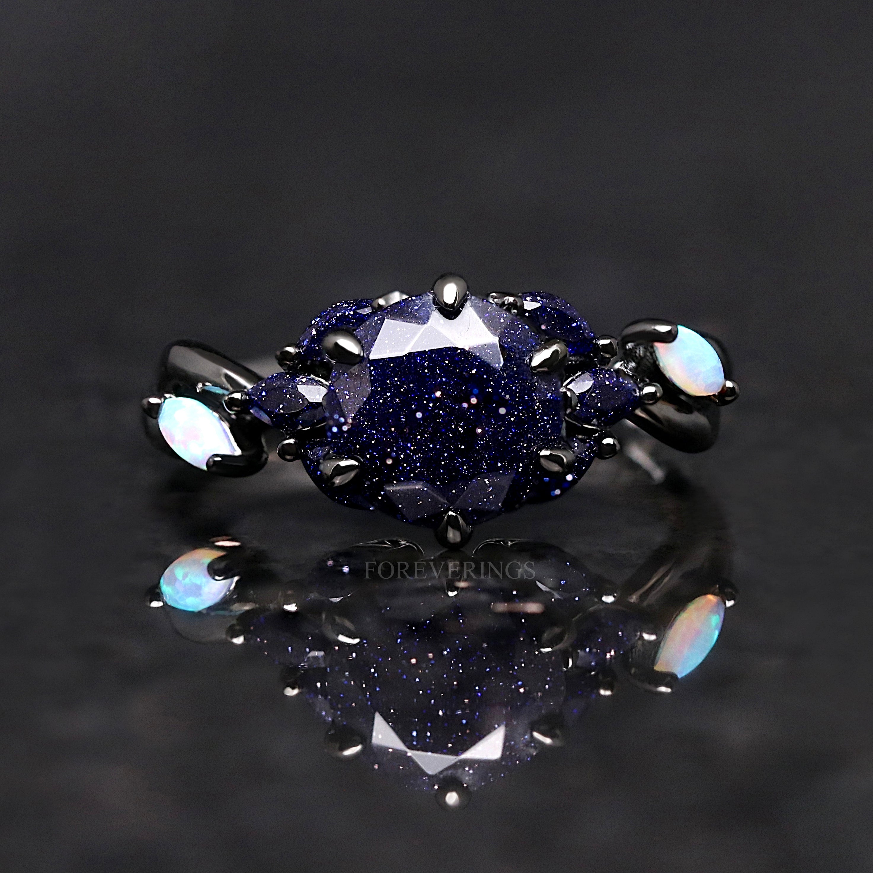 Nesta Rift Nebula Ring Sandstone, Black Rhodium Engagement Ring Set, Unique Black Ring, 925 Sterling Silver, Blue Sandstone, Starry Night