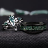 Kite Cut Moss Agate Engagement Ring Set | Couples Matching Bands