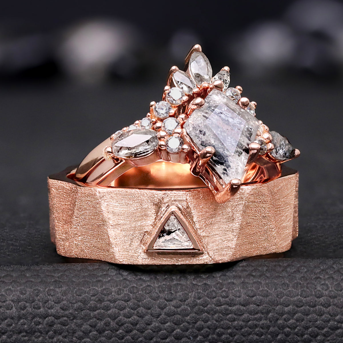 Kite Cut Herkimer Diamond Engagement Ring Set | Rose Gold Couples Ring