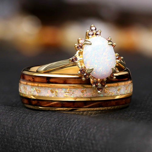 Ophelia white fire opal couples ring set