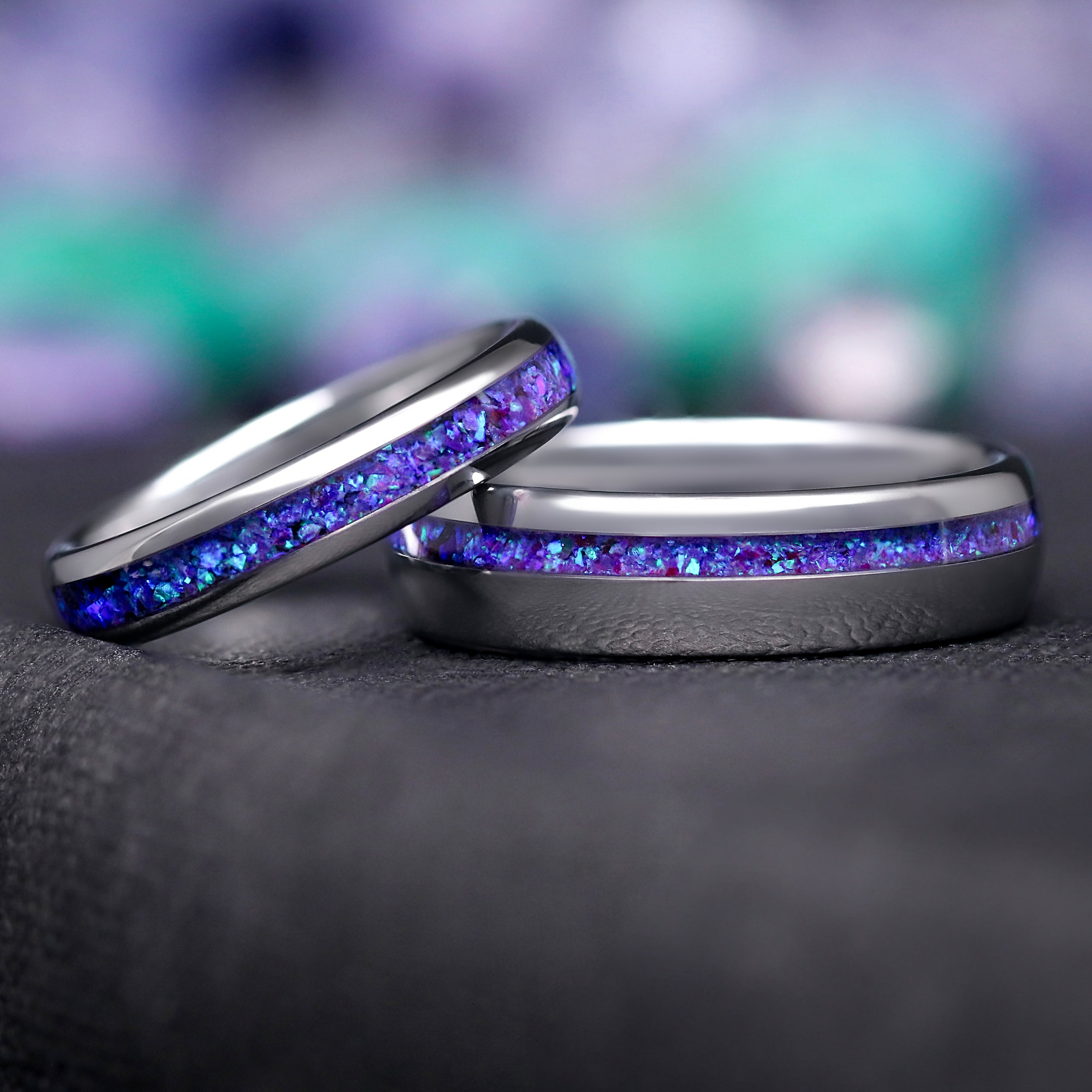 Borealis Opal Wedding Band Set, His and Hers Fire Opal Ring Set, Silver Tungsten Ring, Crushed Opal, 6mm & 4mm Matching Promise Ring, Offset