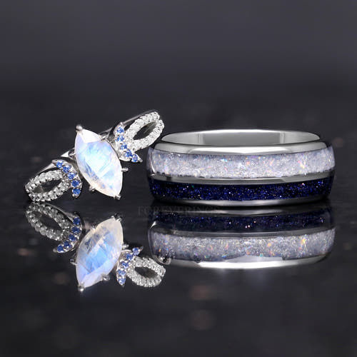 Matching sterling silver and tungsten couples ring set with moonstone and blue sandstone, 8mm and 1.7mm
