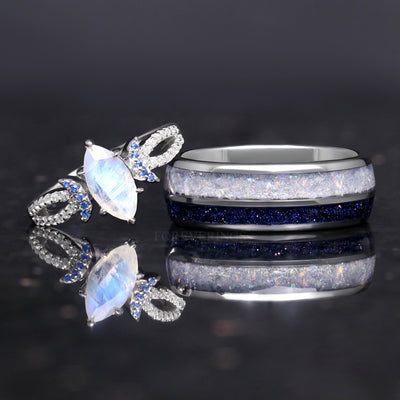 Lunara Moonstone Ring Set, His and Her Wedding Ring, Unique Couples Ring, Starry Night, Crescent Moon Ring, Natural Moonstone, Engraving