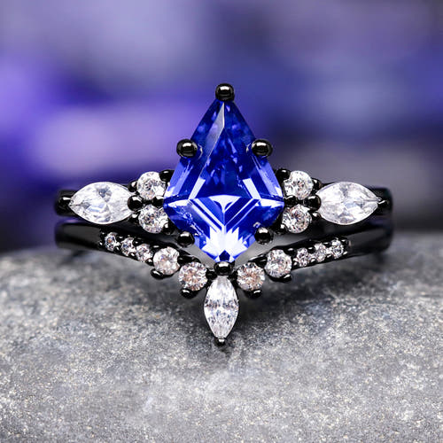 Women's black sterling silver kite-cut sapphire bridal set with marquise accents, front view