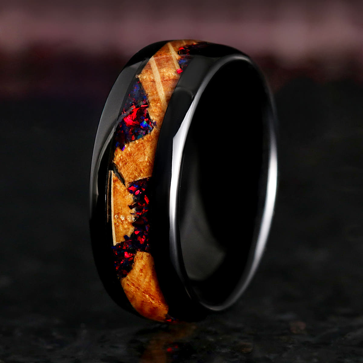 Durable men’s black tungsten ring with gemstone inlay