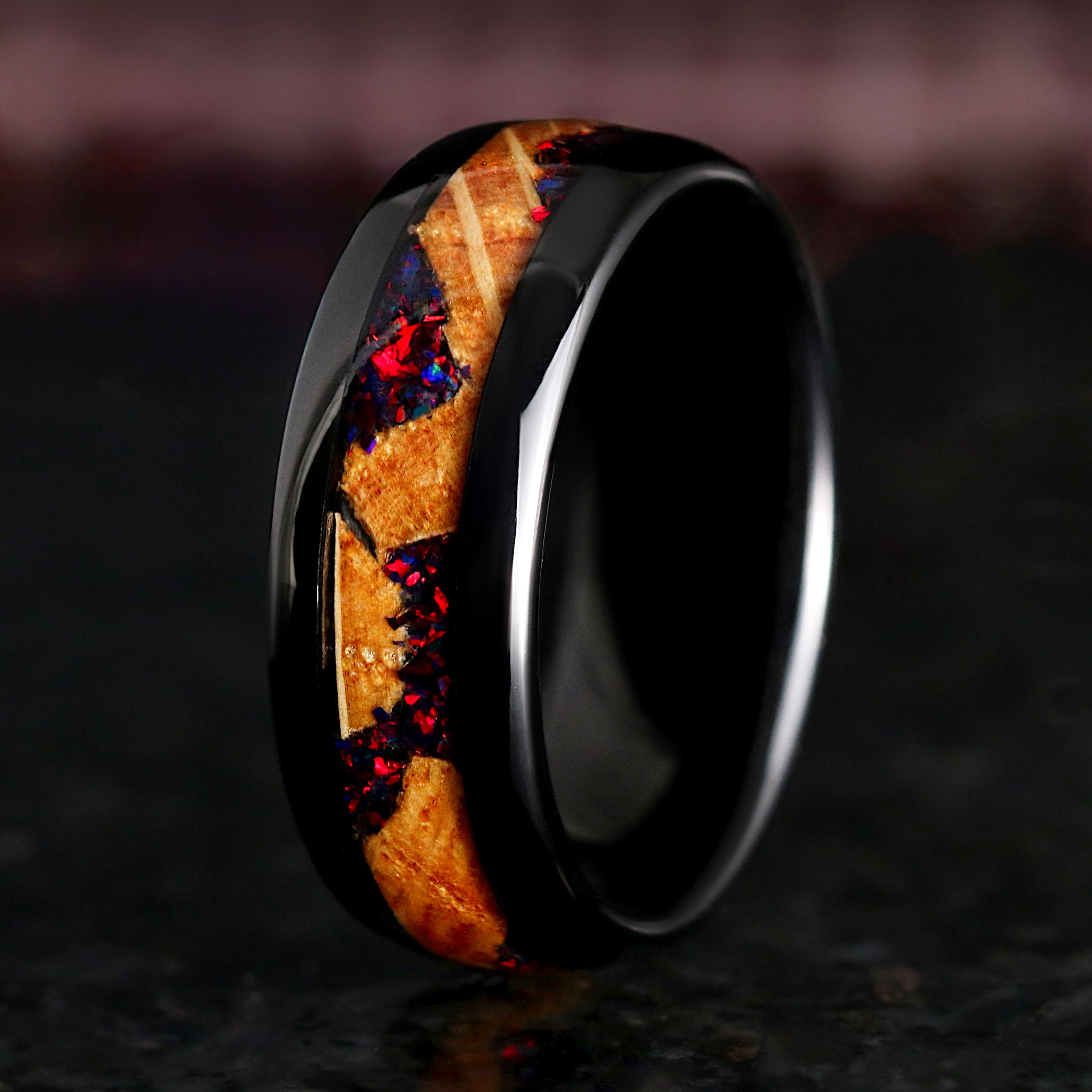 Black Fire Opal & Whiskey Barrel Mens Wedding Band | Black Tungsten Ring