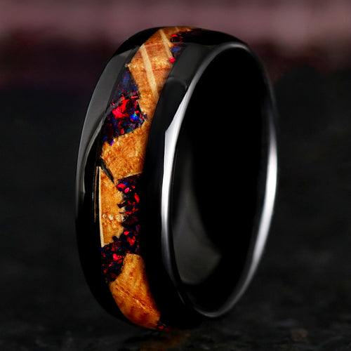 Black fire opal and whiskey barrel men’s tungsten wedding band