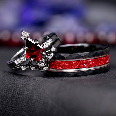 Weaver Garnet Couples Ring Set, Unique Wedding Ring Set, His & Her Wedding Band Set, Matching Promise Rings, Alternative Engagement Ring Set