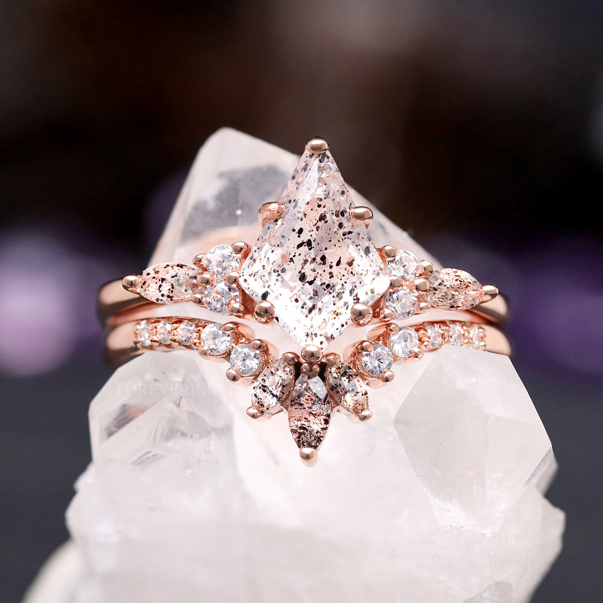 Galaxy Salt and Pepper Herkimer Diamond Engagement Ring Set, Nontraditional Promise or Wedding Ring for Women, Unique Rose Gold Diamond Ring