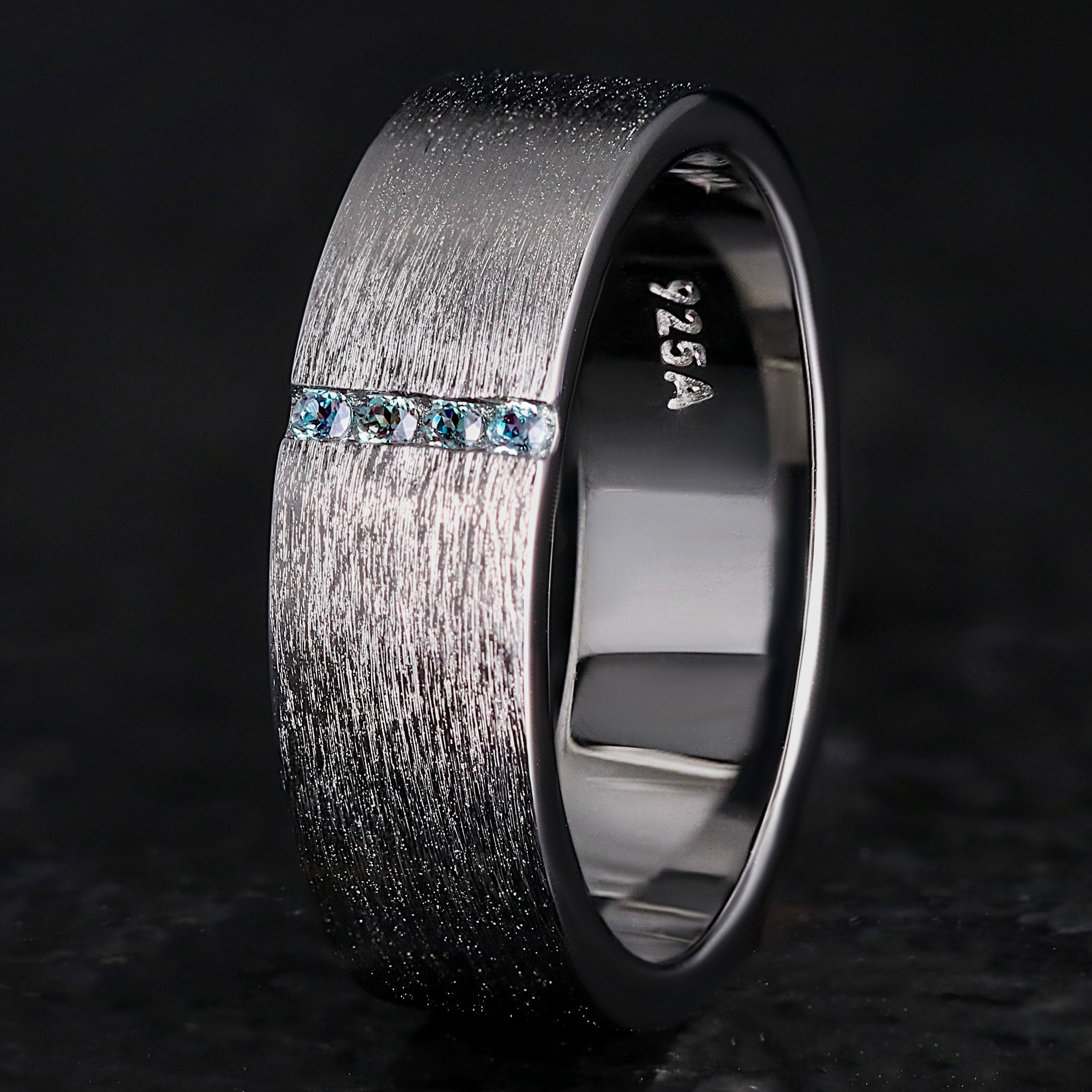 Mens Alexandrite Wedding Band in Sterling Silver | Black Ruthenium Gemstone Ring