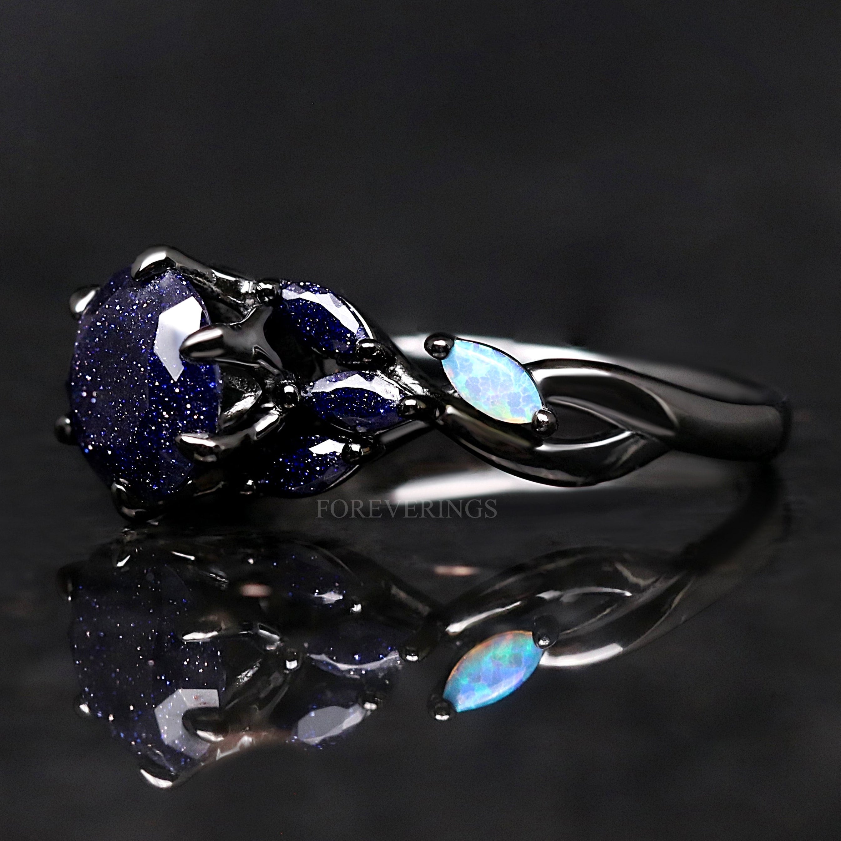 Nesta Rift Nebula Ring Sandstone, Black Rhodium Engagement Ring Set, Unique Black Ring, 925 Sterling Silver, Blue Sandstone, Starry Night