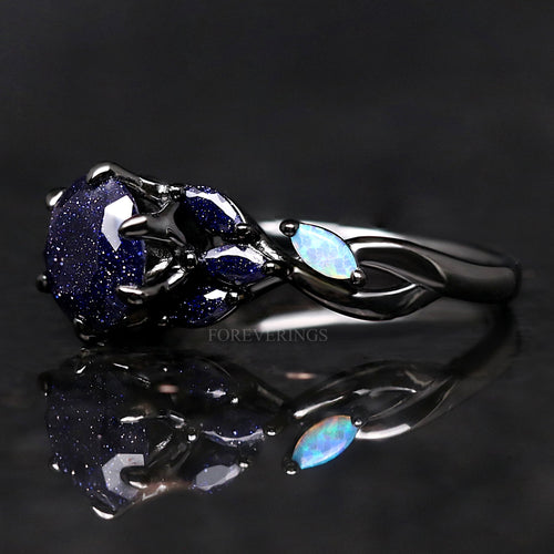 Nesta Rift Nebula Ring Sandstone, Black Rhodium Engagement Ring, Unique Black Ring, 925 Sterling Silver, Blue Sandstone, Starry Night