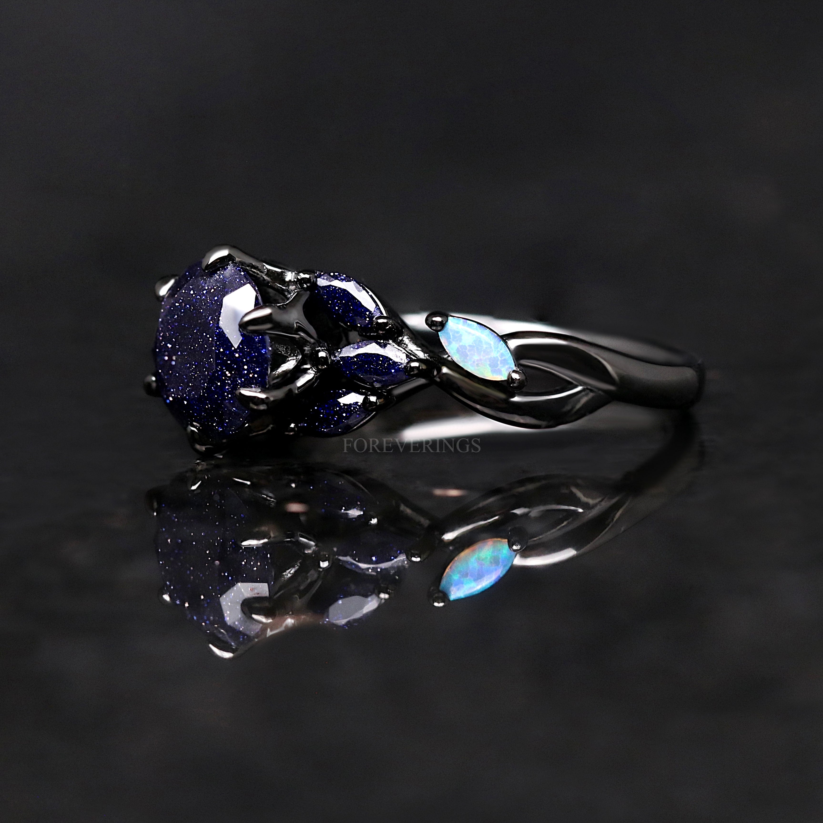 Nesta Rift Nebula Ring Sandstone, Black Rhodium Engagement Ring Set, Unique Black Ring, 925 Sterling Silver, Blue Sandstone, Starry Night