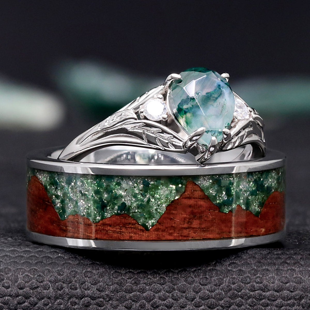 Faeleaf Pear Cut Moss Agate Promise Ring | Womens Nature Engagement Ring