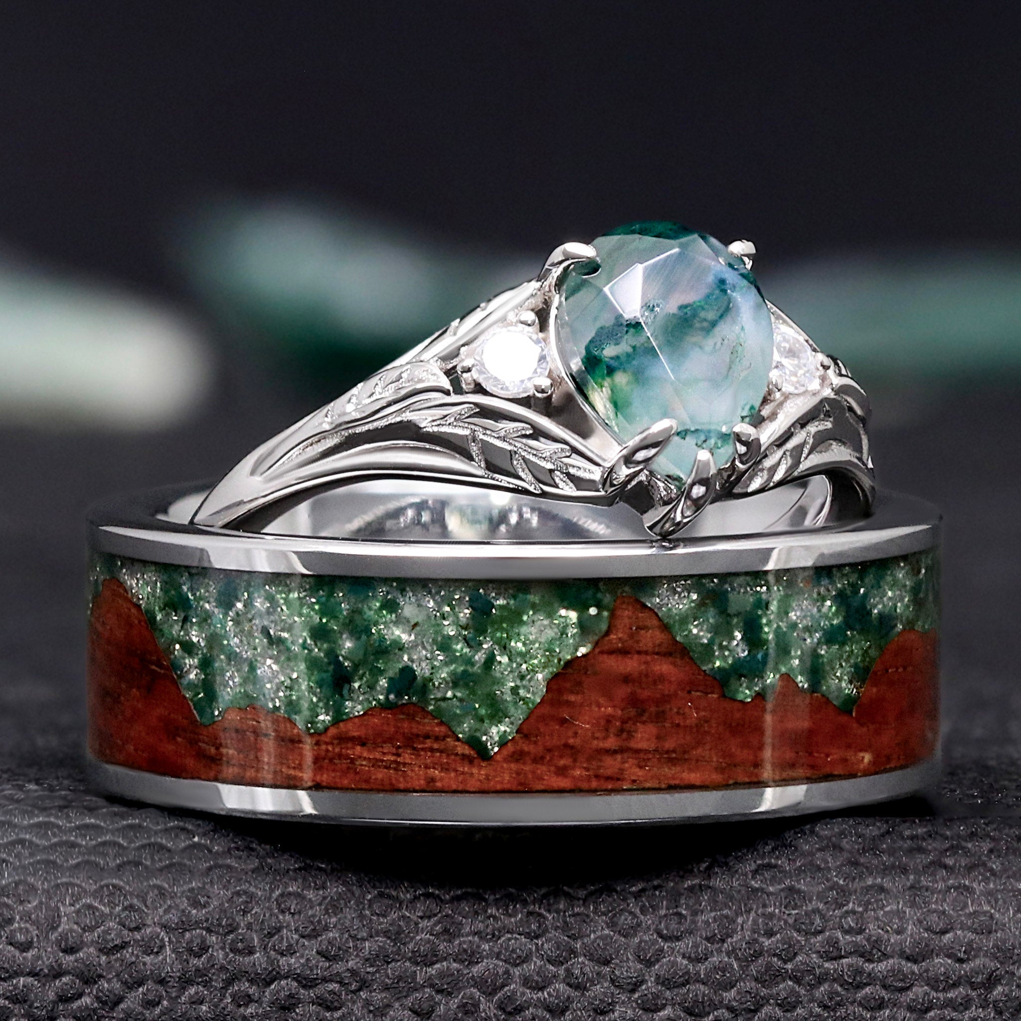 Pear Cut Moss Agate Promise Ring | Womens Nature Engagement Ring