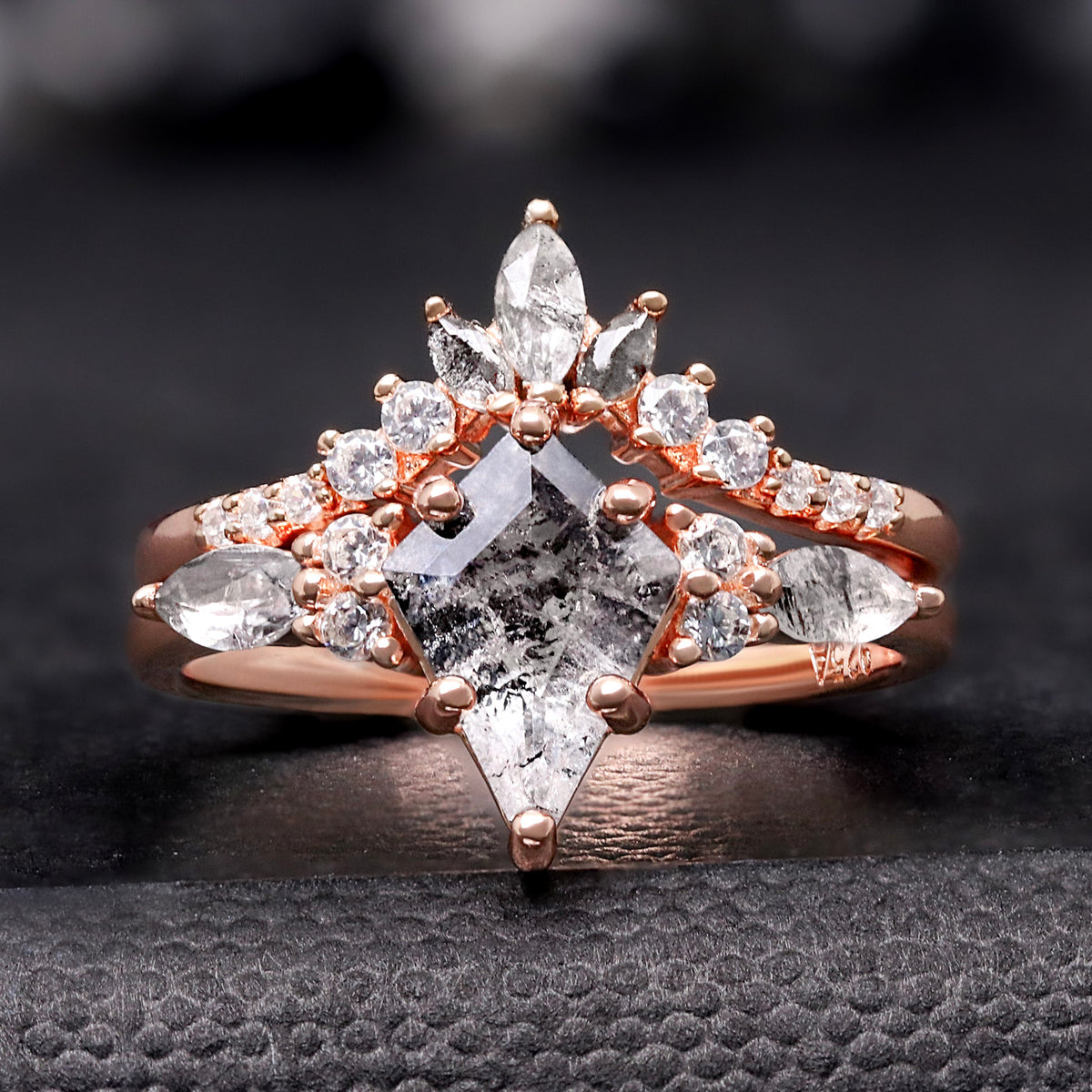 Kite Cut Herkimer Diamond Engagement Ring Set | Rose Gold Couples Ring