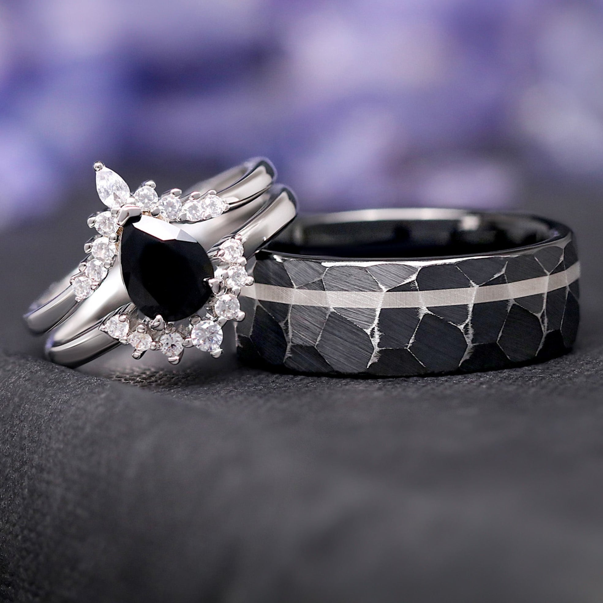 Black Onyx Couples Ring, His and Hers Ring, Rustic Black Hammered Tungsten & Sterling Silver, Promise Ring, Wedding Ring Set