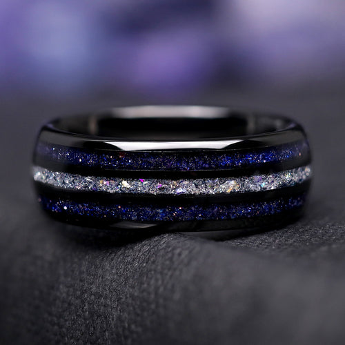 Men's Moonstone Ring – Black Nebula Tungsten Wedding Band, Starry Night Celestial Promise Ring, Natural Moonstone & Sandstone