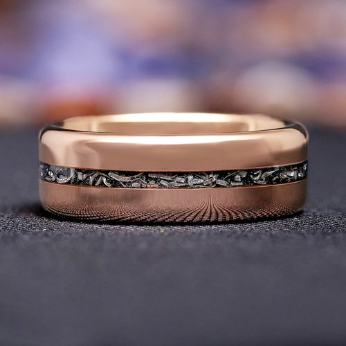 Rose gold meteorite men’s wedding band tungsten flat polish ring