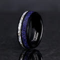 Men's 8mm black tungsten band with blue sandstone and crushed diamond stripes, standing at an angle