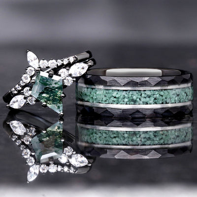 Green Moss Agate Ring Set, His and Hers Wedding Band, Black Ring Set, Matching Nature Couples Ring, Black Plated Tungsten and 925 Silver