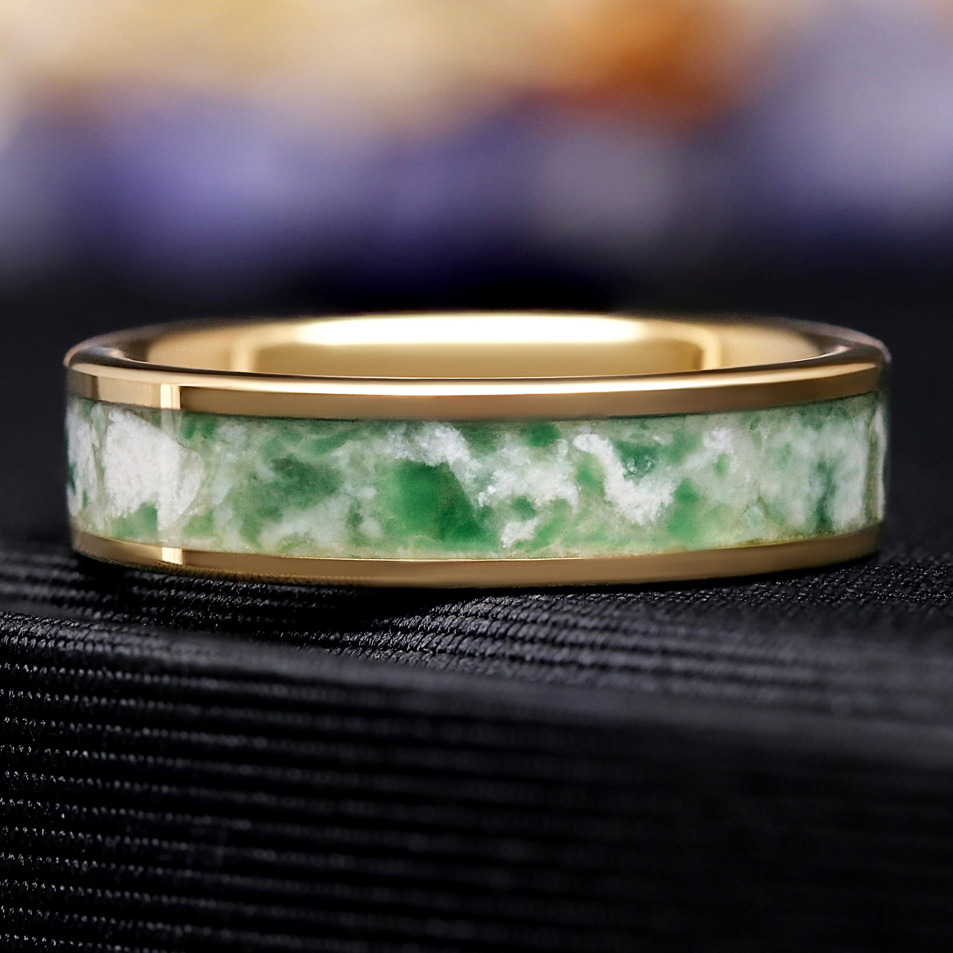 Gold Moss Agate Ring, Mens Wedding Band, 6mm Tungsten Ring, Flat Polished Comfort Fit, Unique Promise Ring, Nature-Inspired Gift for Husband
