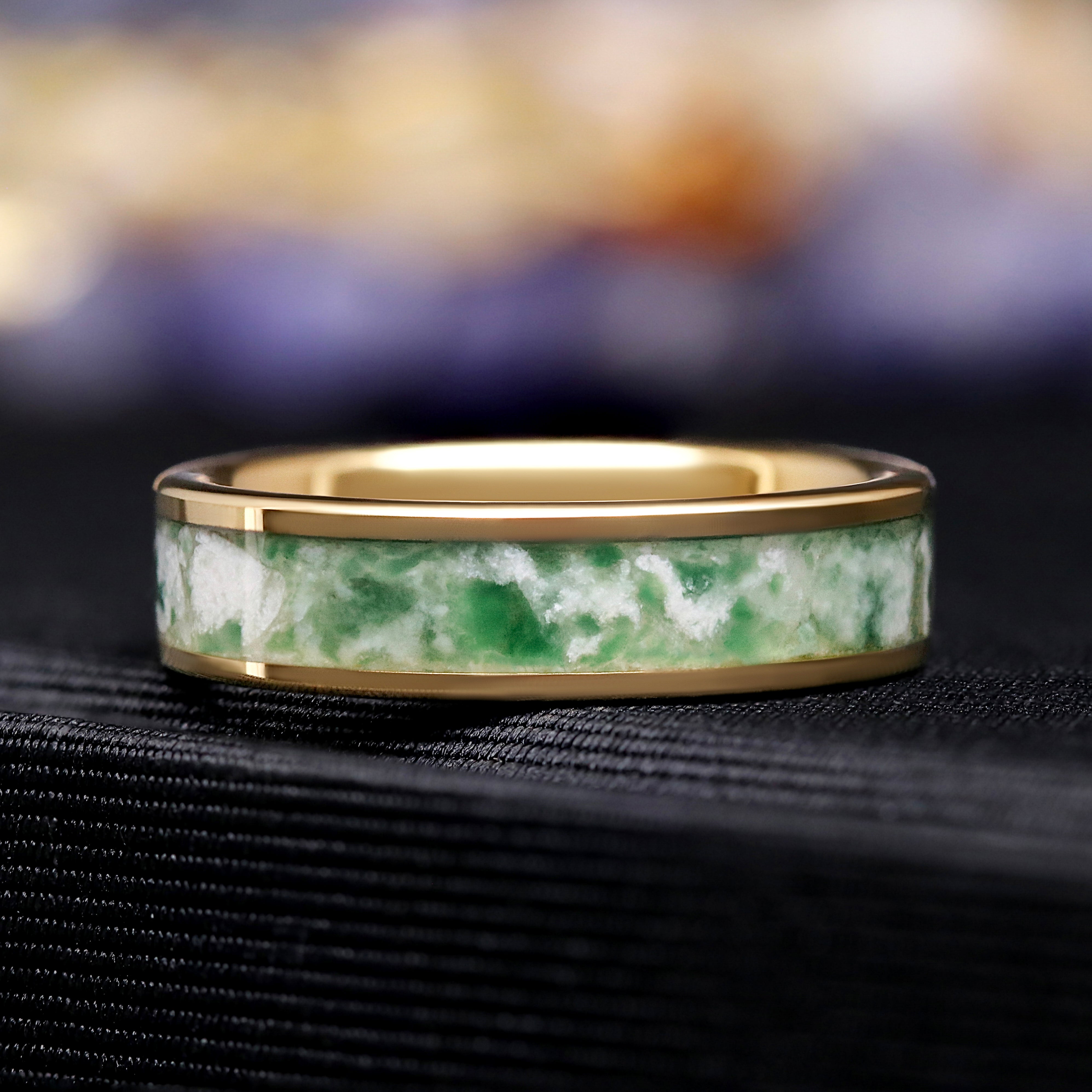 Gold Moss Agate Ring, Mens Wedding Band, 6mm Tungsten Ring, Flat Polished Comfort Fit, Unique Promise Ring, Nature-Inspired Gift for Husband