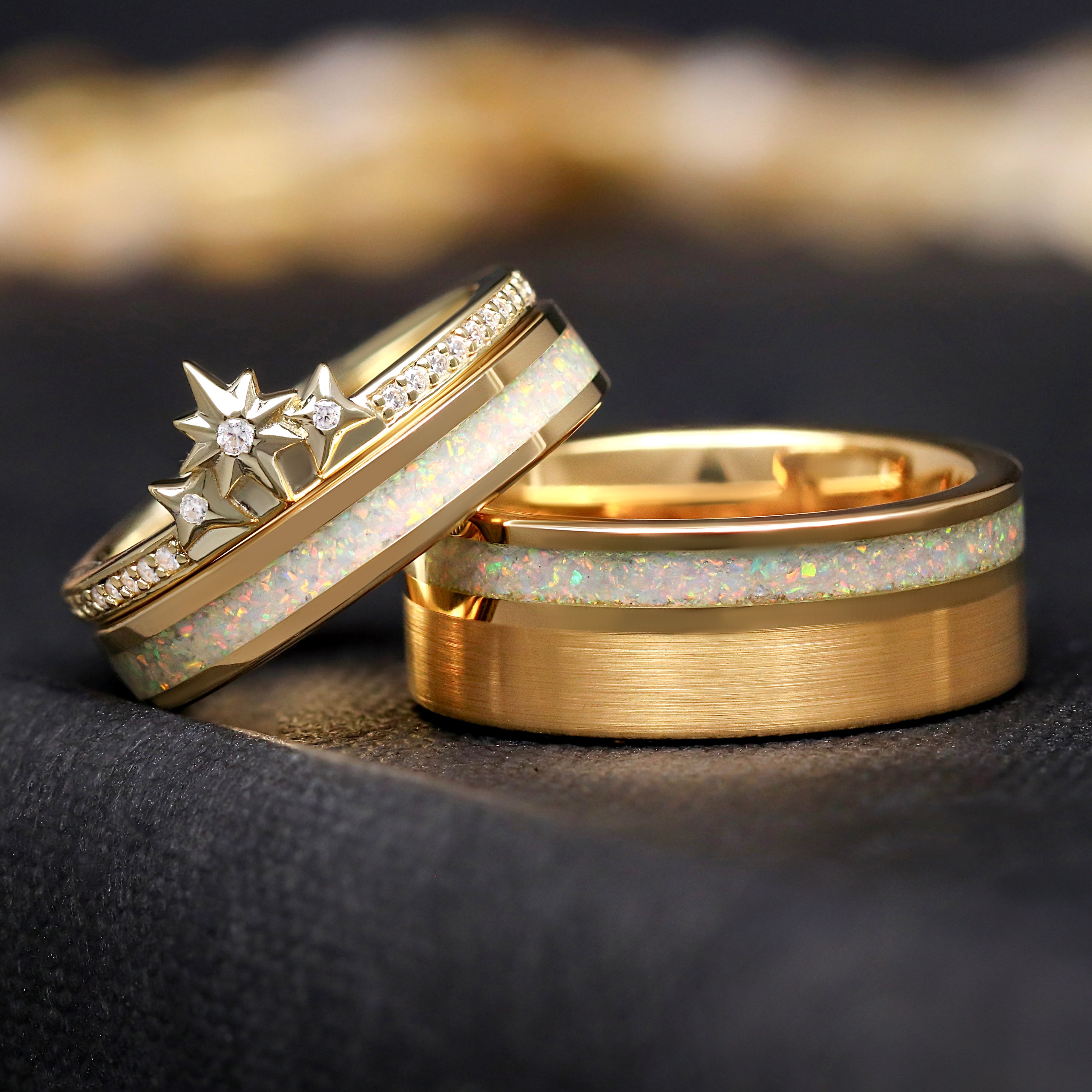Gold Opal Wedding Ring Set Couples, Matching His and Hers Ring, Fantasy Promise Ring Set, Flat Polish, Stacking Star Ring, Tungsten Band Set