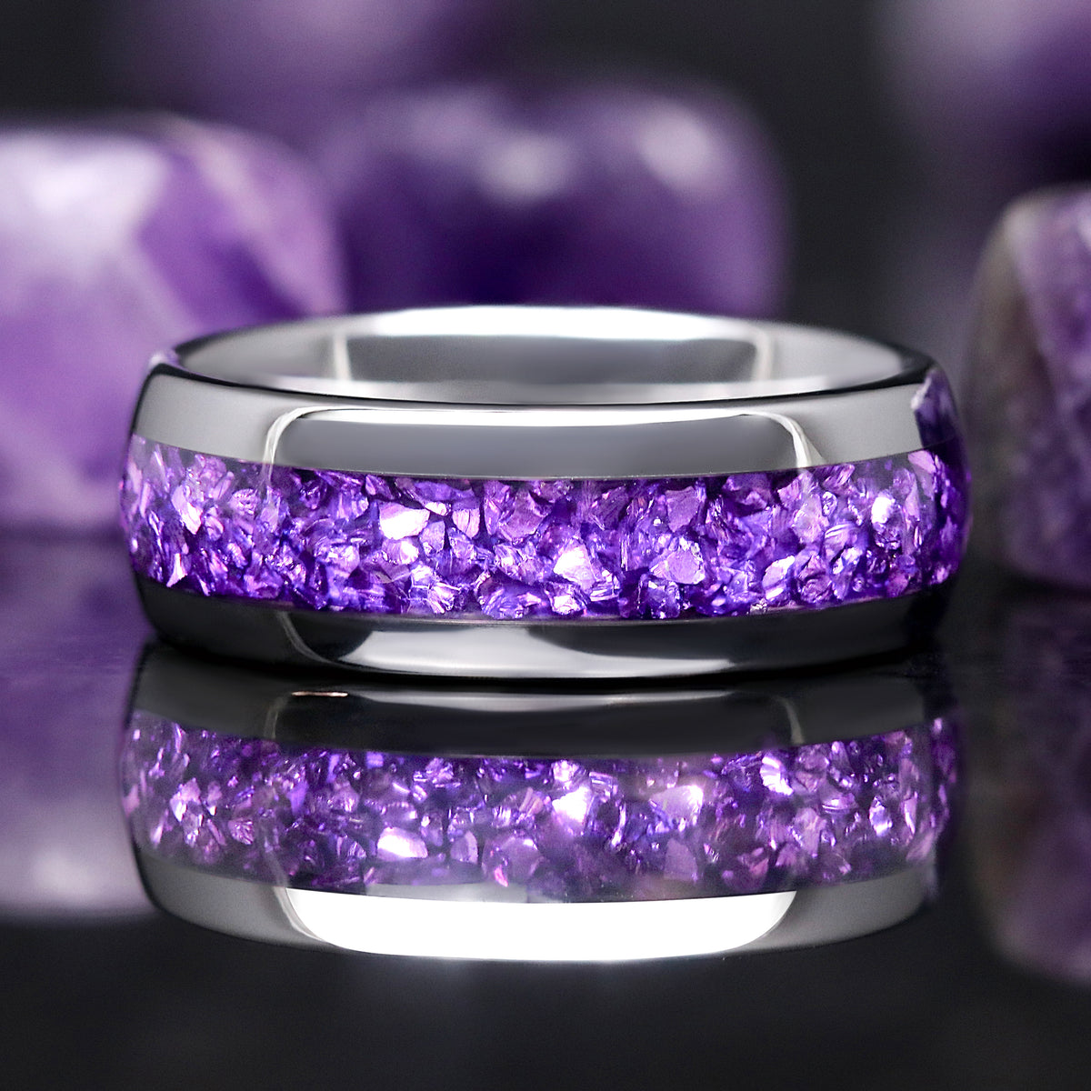 Amethyst Ring, Purple Men’s Wedding Band, 8mm Silver Tungsten Ring, Unique Men’s Engagement Band, Promise Ring Gift, Dome Polish Comfort Fit