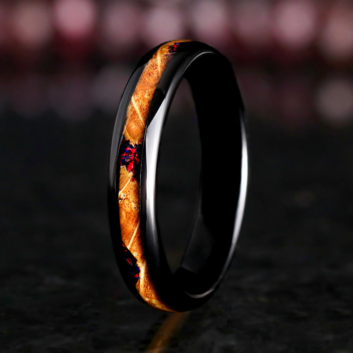 Elegant couples wedding ring set with black fire opal and whiskey barrel