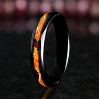Elegant couples wedding ring set with black fire opal and whiskey barrel