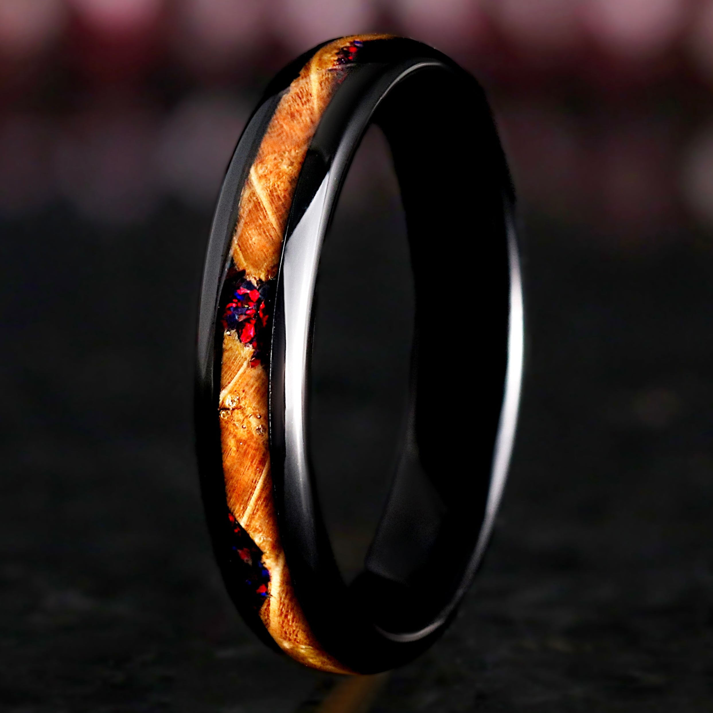 Black Fire Opal & Whiskey Barrel Wedding Band | Black Tungsten Ring