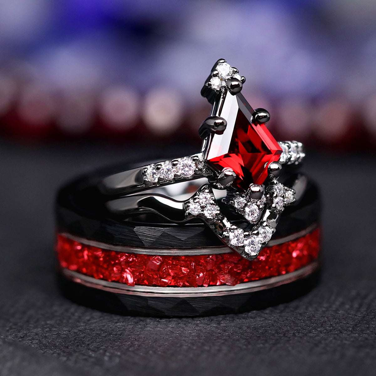 Weaver Natural Garnet Wedding Ring, Unique Engagement Ring, Kite Cut Cluster, Red and Black Ring, Goth Alternative Ring, Dark Aesthetic