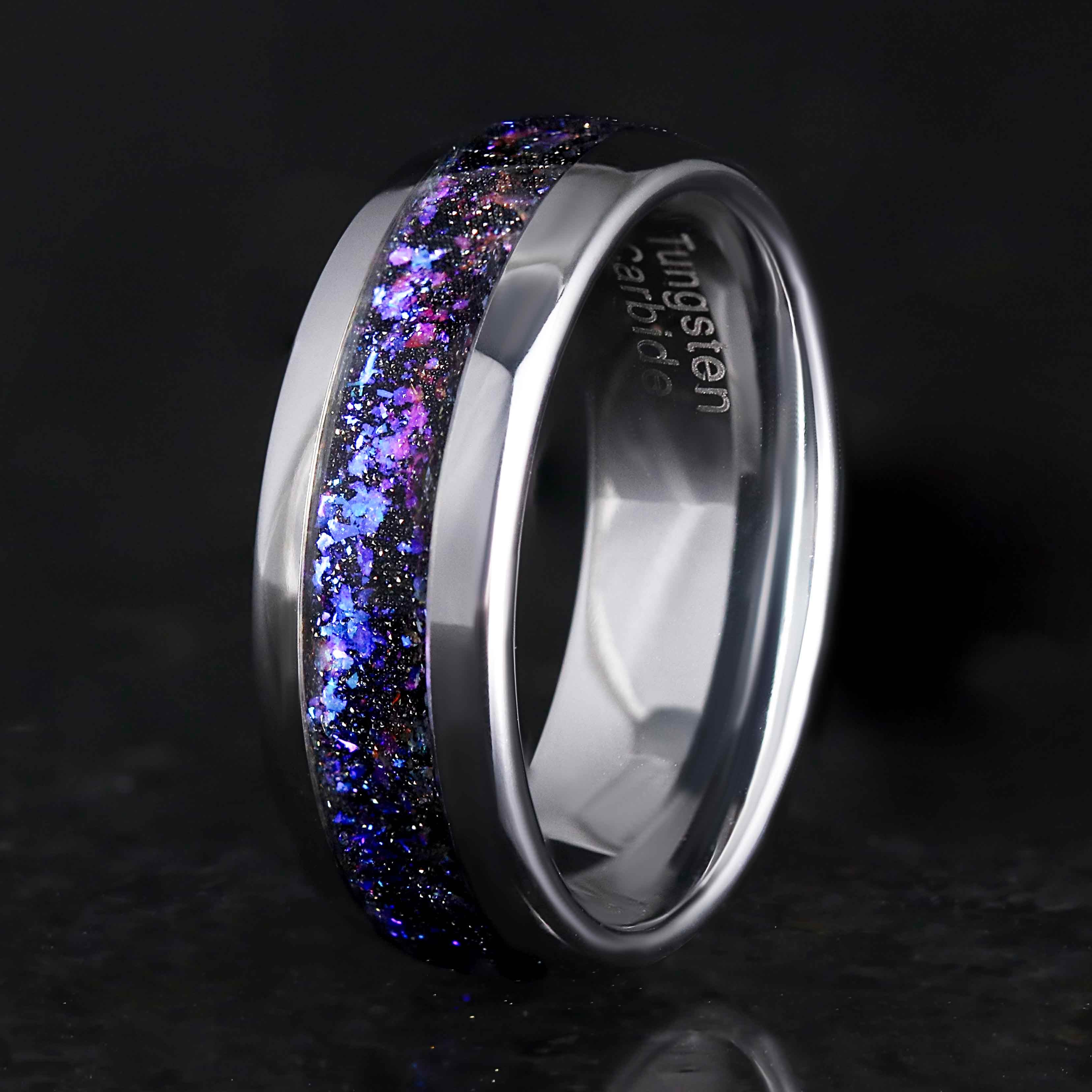 Orion Nebula Ring, 8mm-6mm-4mm Silver Tungsten Wedding Band, Outer Space Ring, Man Woman Ring, No Plating, Dome, Polish, Comfort Fit