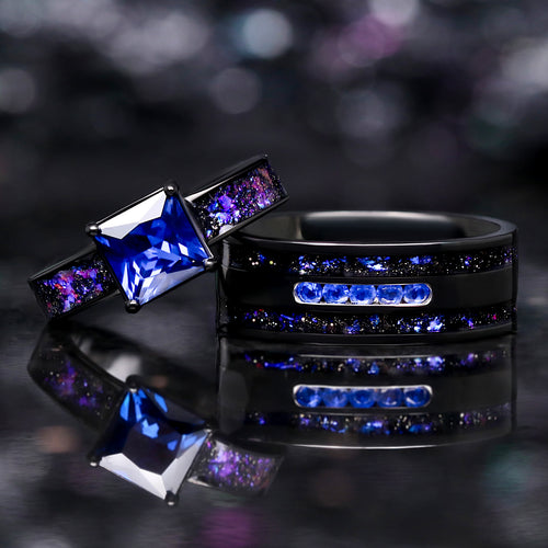 Enla Sapphire & Orion Nebula Ring™ matching couples wedding band set