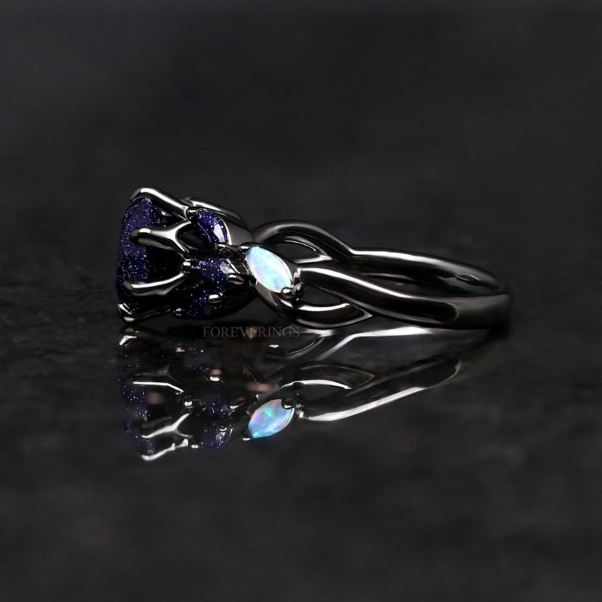 Nesta Rift Nebula Ring Sandstone, Black Rhodium Engagement Ring, Unique Black Ring, 925 Sterling Silver, Blue Sandstone, Starry Night