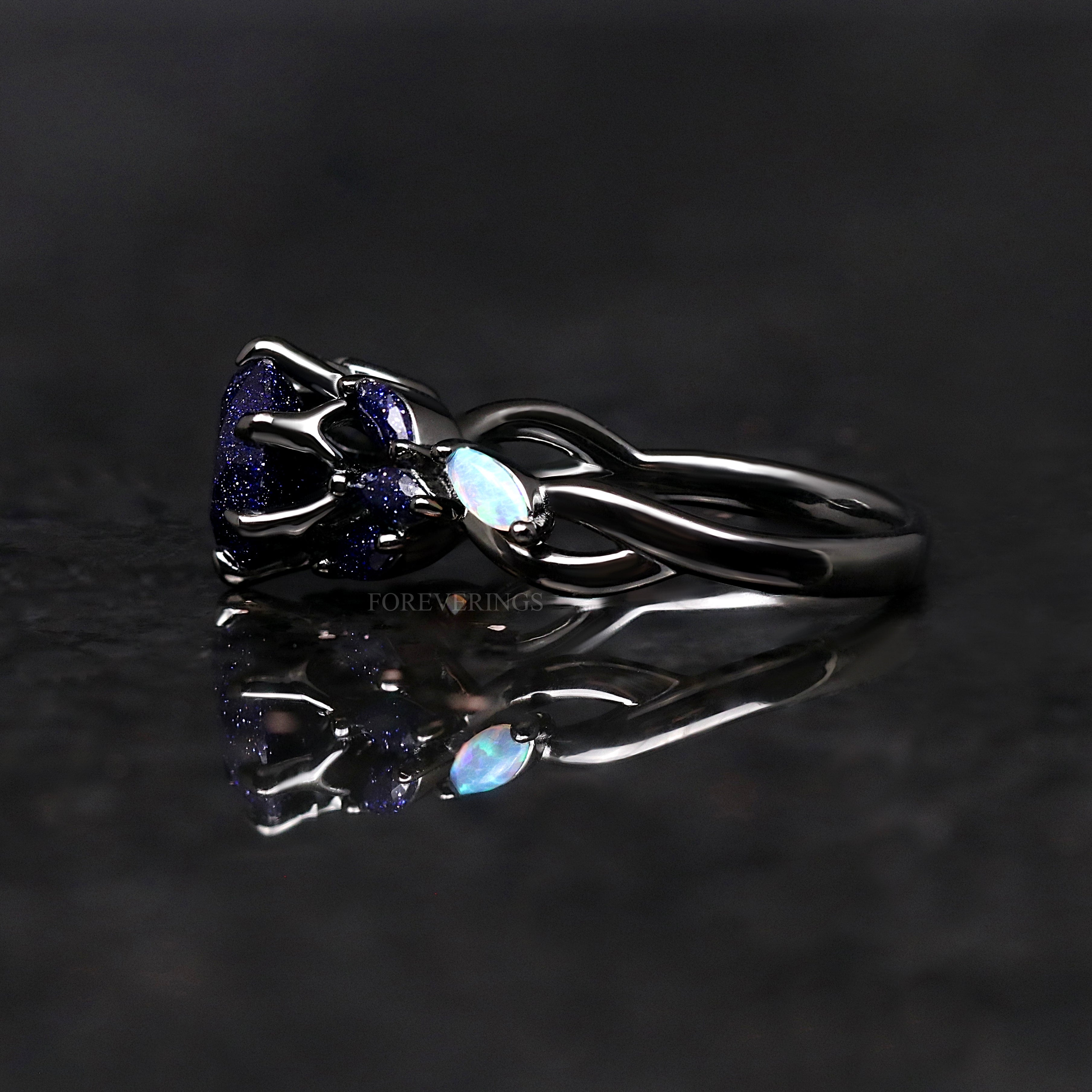 Nesta Rift Nebula Ring Sandstone, Black Rhodium Engagement Ring Set, Unique Black Ring, 925 Sterling Silver, Blue Sandstone, Starry Night