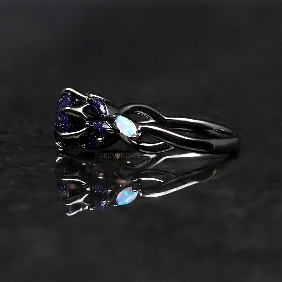 Nesta Rift Nebula Ring Sandstone, Black Rhodium Engagement Ring, Unique Black Ring, 925 Sterling Silver, Blue Sandstone, Starry Night