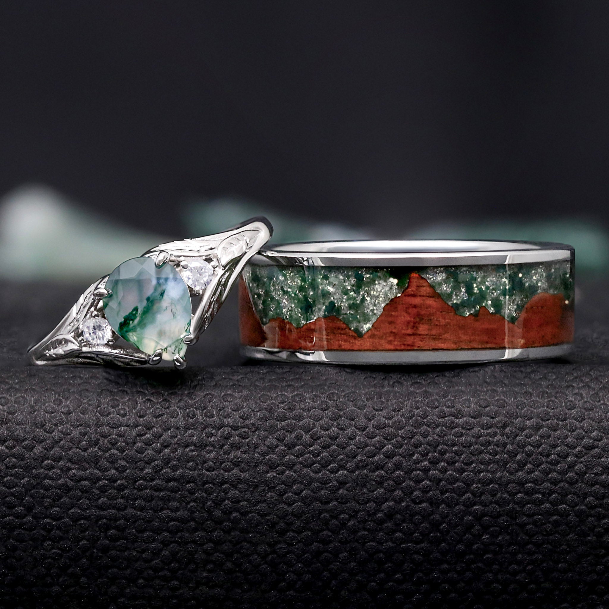 Pear Moss Agate Wedding Ring Set | His & Hers Couples Bands