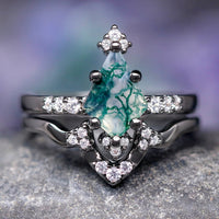 Weaver Green Moss Agate Engagement Ring Set, Black Kite Cut Ring, 925 Sterling Silver, Nature Ring, Dark Fairy Ring, Fantasy Wedding