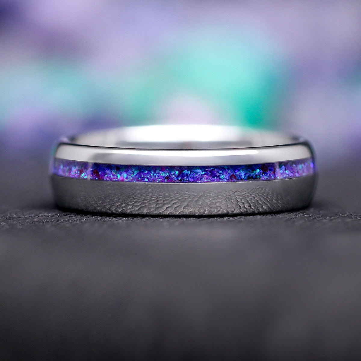 Borealis Opal Wedding Band Set, His and Hers Fire Opal Ring Set, Silver Tungsten Ring, Crushed Opal, 6mm & 4mm Matching Promise Ring, Offset
