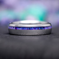 Borealis Opal Wedding Band Set, His and Hers Fire Opal Ring Set, Silver Tungsten Ring, Crushed Opal, 6mm & 4mm Matching Promise Ring, Offset
