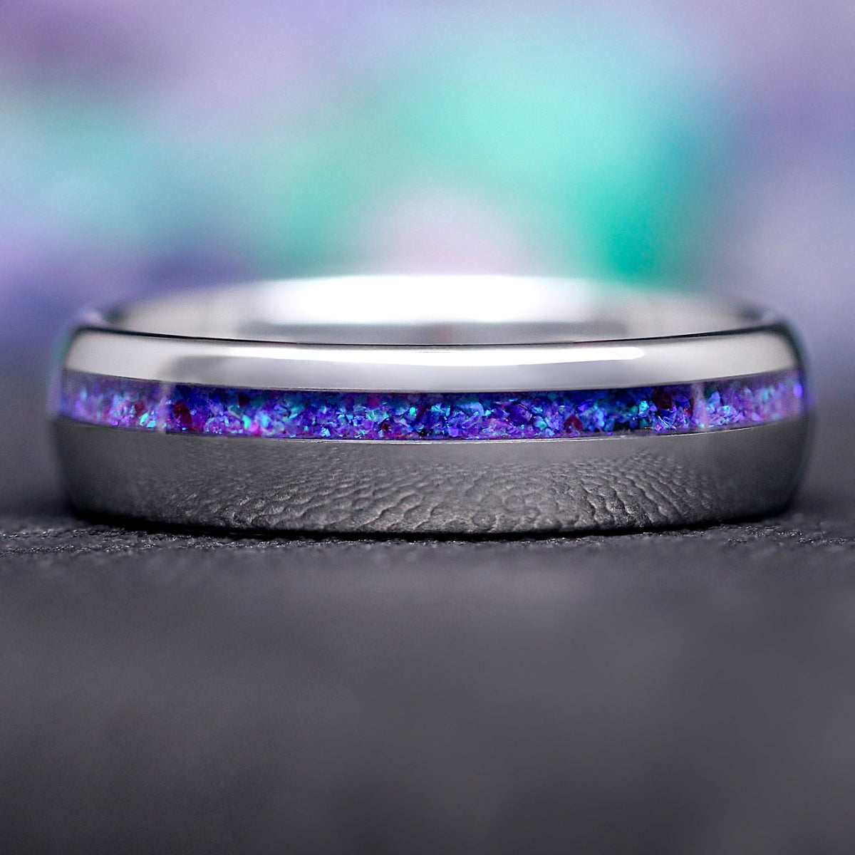 Borealis Blue Aurora Opal Offset Inlay Ring | Silver Tungsten Mens Band 6mm