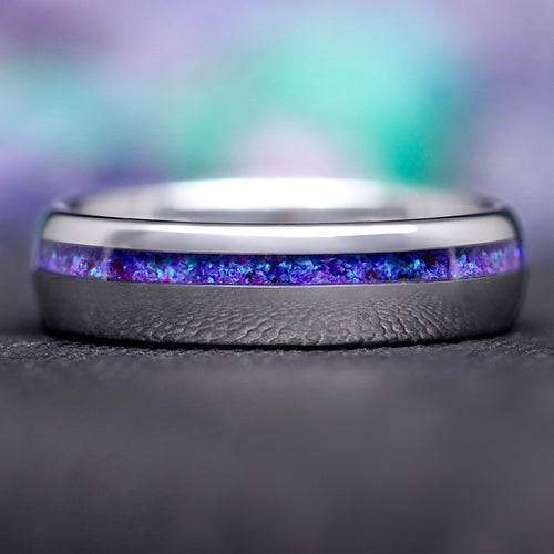 Borealis Blue Aurora Opal Offset Inlay Ring | Silver Tungsten Mens Band 6mm